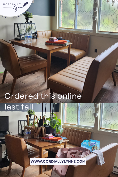 Close-up of the first dining table and chairs—cute but too small and uncomfortable for family use.