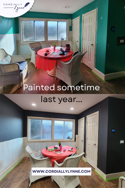 Dining room before makeover with small table and mismatched chairs, showing an unused and uninviting space.